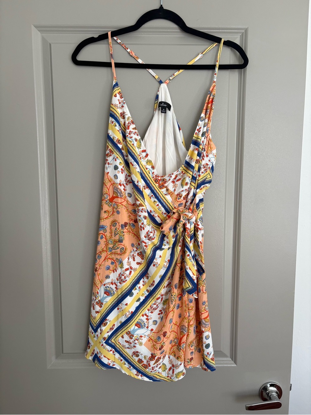 Lulu's Printed Wrap Mini Dress with Navy & Yellow Stripes